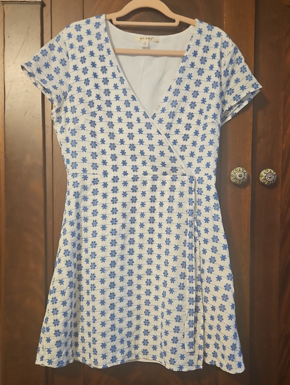 Miami - White and Blue Floral Wrap Dress - Size Medium